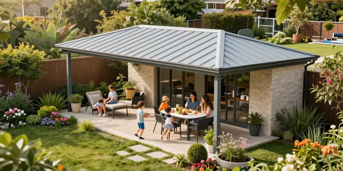 Moderne Terrassenüberdachung schützt Familie im Garten vor der Sonne.