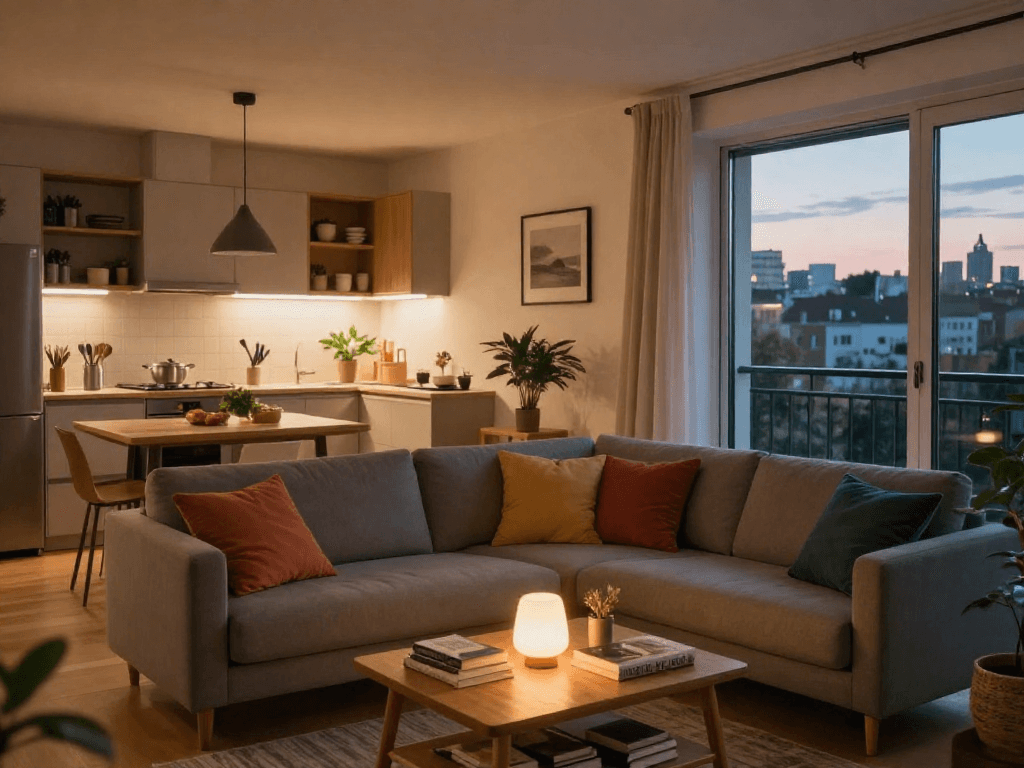 Vollmöblierte Monteurwohnung Hannover mit Wohnzimmer und Küchenzeile, ideal für Geschäftsreisende.