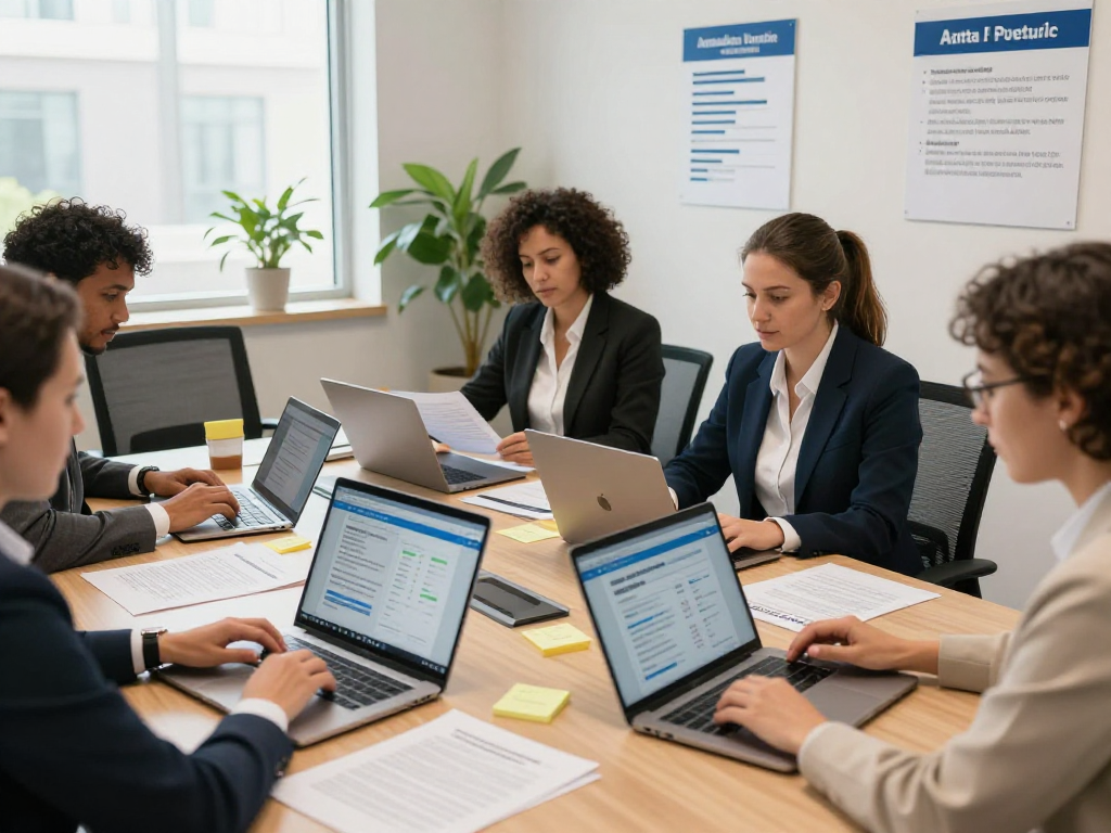 Engaged team in Öffentliche und gemeinnützige Einrichtungen Kommunen discussing digital inclusion and data protection strategies in a modern office setting.
