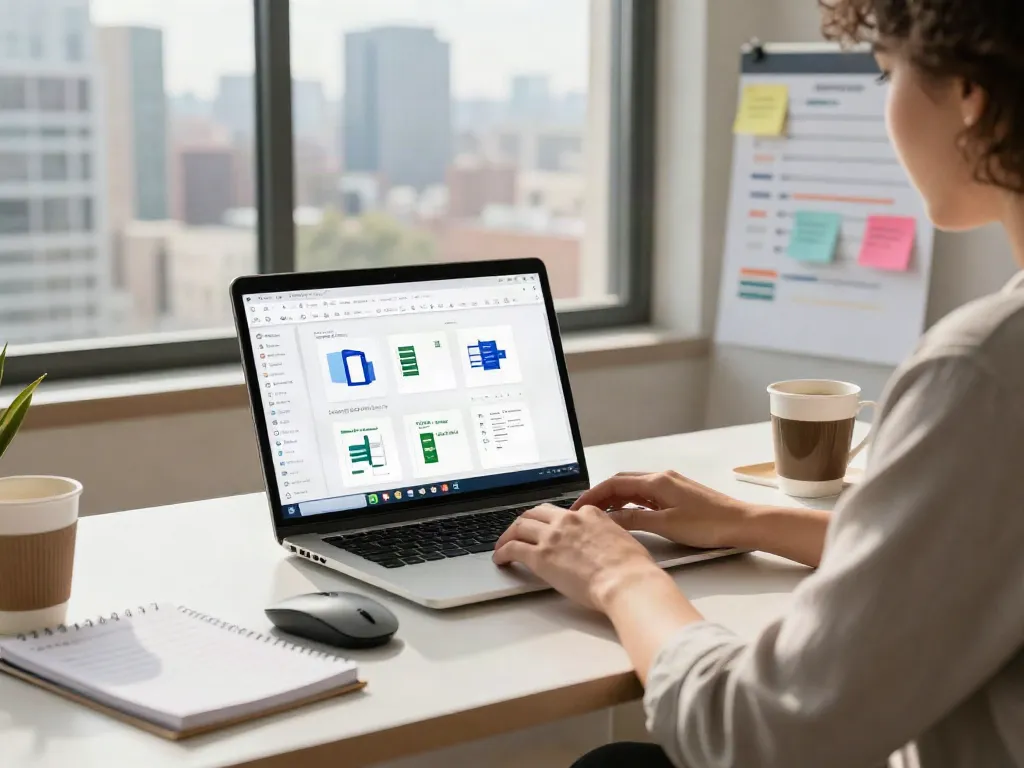 Büroarbeitsplatz mit Office 2024 Home auf Laptop, der einen modernen und effizienten Arbeitsplatz zeigt.