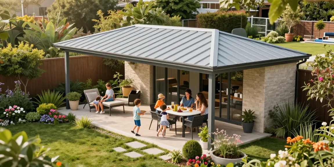 Moderne Terrassenüberdachung schützt Familie im Garten vor der Sonne.