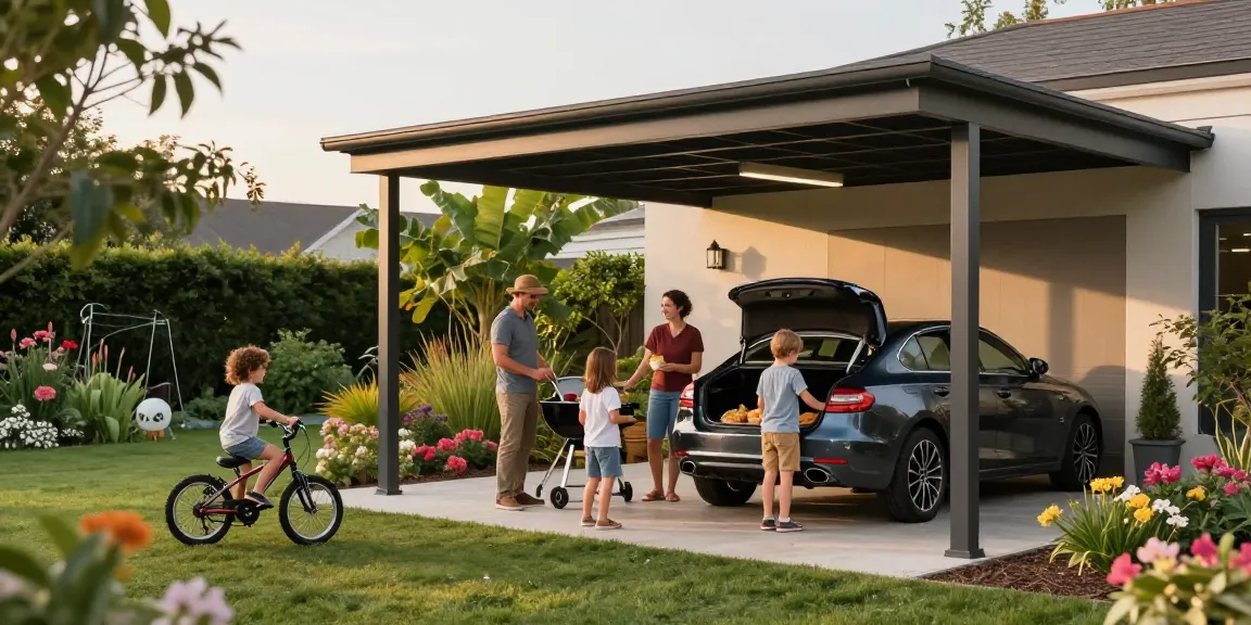Moderne Carport-Szene mit Familie beim Grillen und Spielen im Garten.