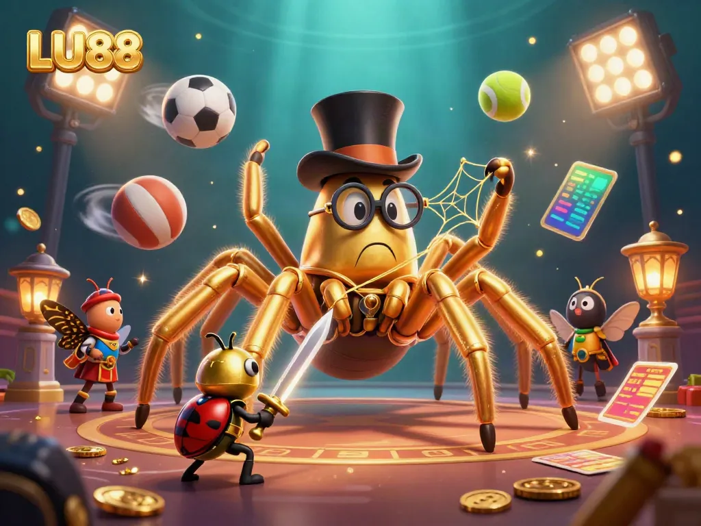 LU88's dynamic casino adventure featuring a golden tarantula, beetle knight, and sports elements in vibrant 3D