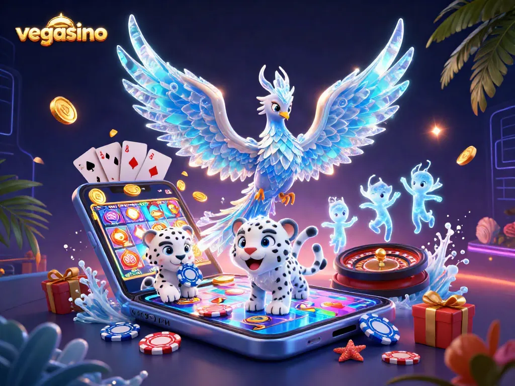 Engage with vegasino in a vibrant 3D scene of luck and play featuring an ice phoenix and casino gaming elements.