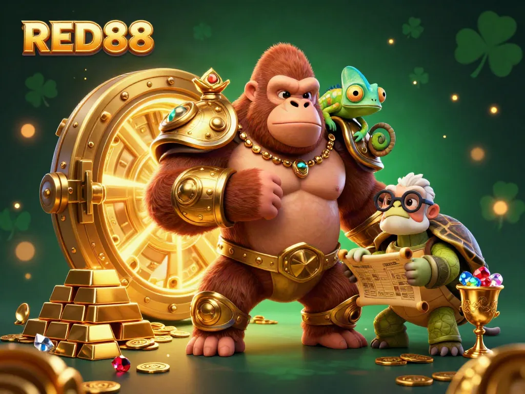 RED88 immerses players in excitement with a vibrant 3D cartoon illustration featuring a gorilla king and riches.