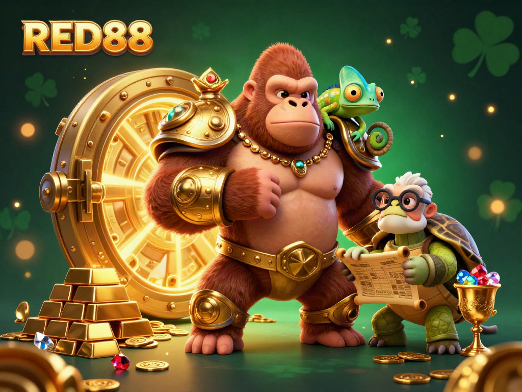 RED88 immerses players in excitement with a vibrant 3D cartoon illustration featuring a gorilla king and riches.
