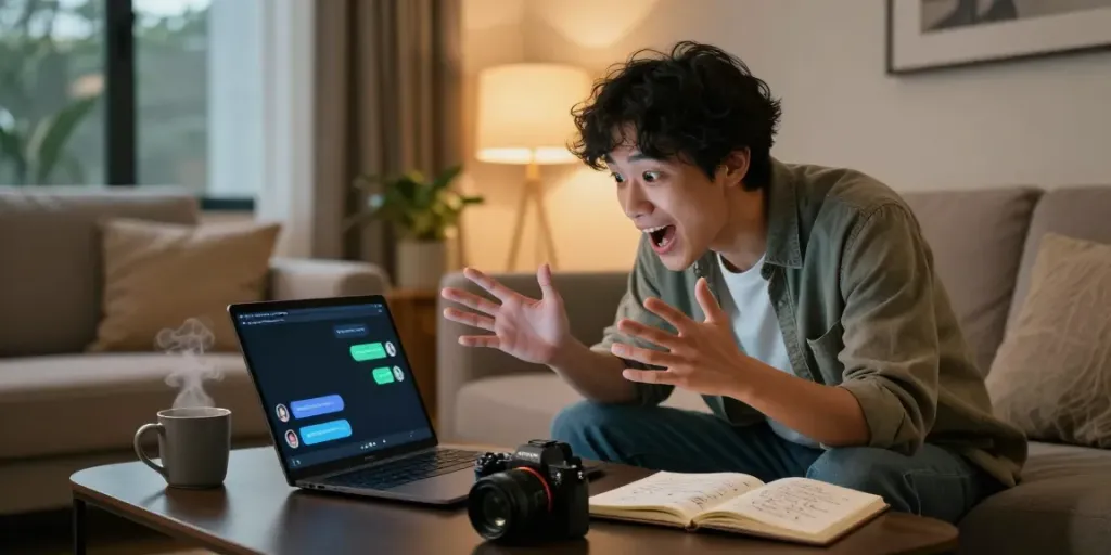 Person enjoying a spicy AI chat on a laptop in a cozy modern living room