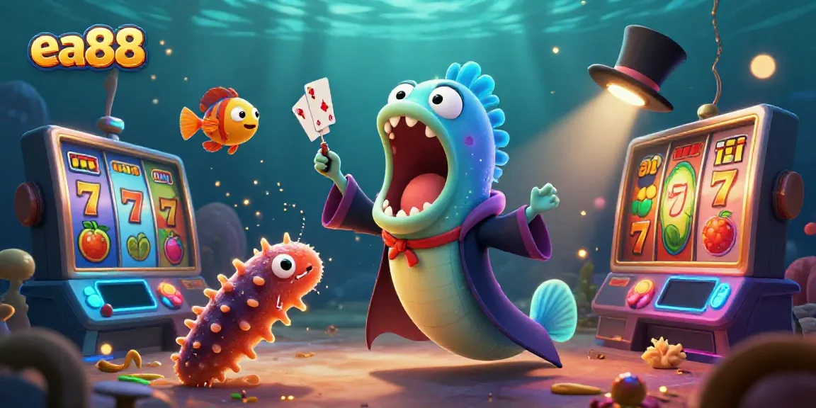 ea88 showcases a vibrant casino scene with deep-sea creatures performing magic tricks amid colorful slot machines.