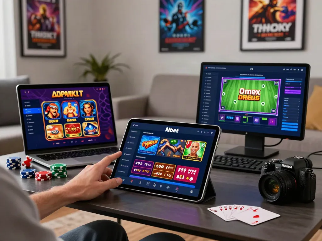 User enjoying the app Nbet in a cozy living room, surrounded by gaming accessories.