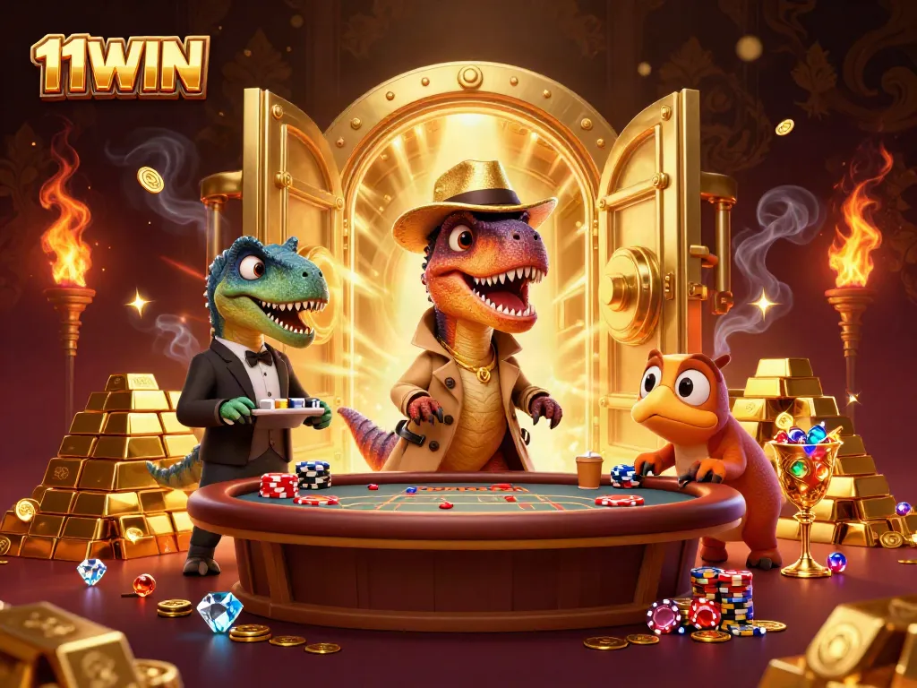 Engage with 11WIN at a blackjack table, featuring a velociraptor card counter, with gold treasures illuminating the scene.