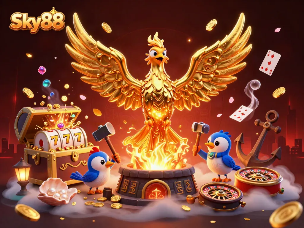 Experience thrilling wins at Sky88 with a molten metal phoenix amidst vibrant casino elements.