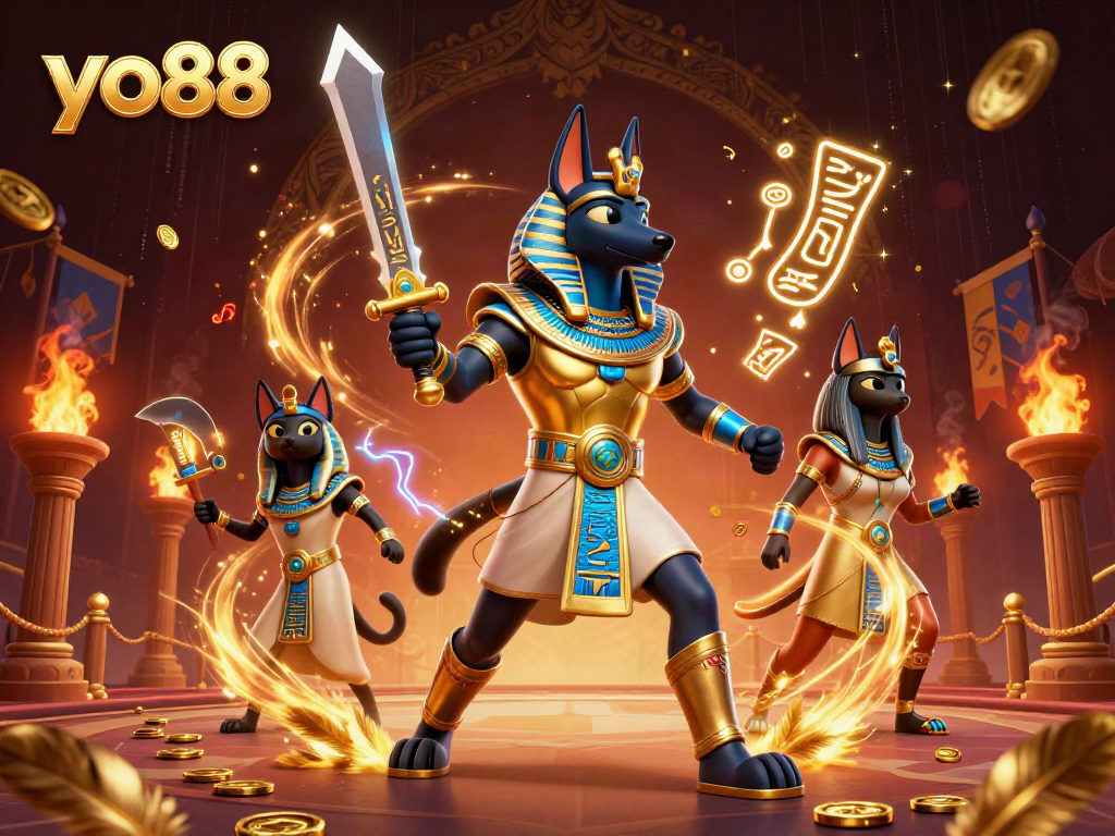 Engage in thrilling gameplay with yo88 as Anubis wields his golden sword in an ancient arena.