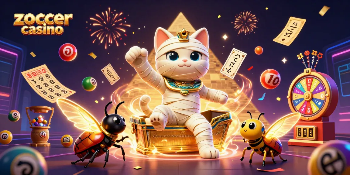 Experience the thrill of Zoccer Casino with vibrant illustrations of an Egyptian mummy cat and games.