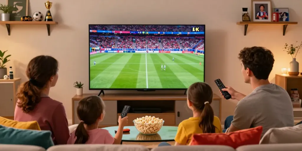 Family enjoying IPTV streaming Deutschland in 4K during a Bundesliga match in a cozy living room.