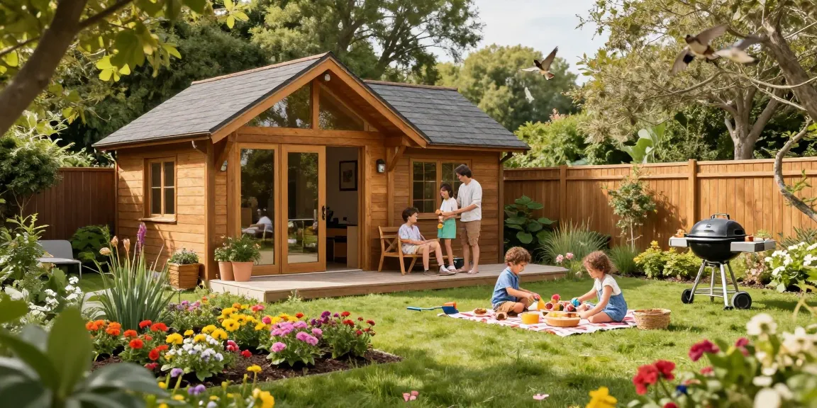 Schönes Garten Haus im Sonnenlicht, umgeben von Blumenbeeten und einer Familie bei einem Picknick.