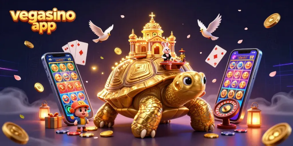 Engage with the vegasino app in a colorful casino-themed 3D illustration featuring dynamic gaming elements.