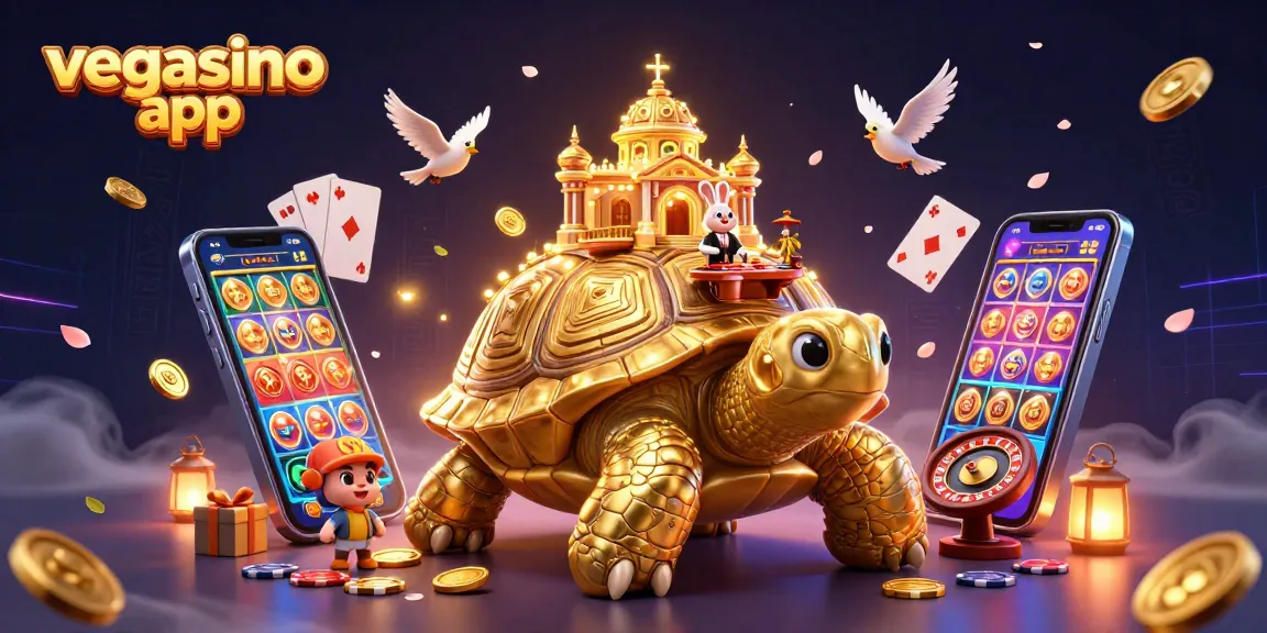 Engage with the vegasino app in a colorful casino-themed 3D illustration featuring dynamic gaming elements.
