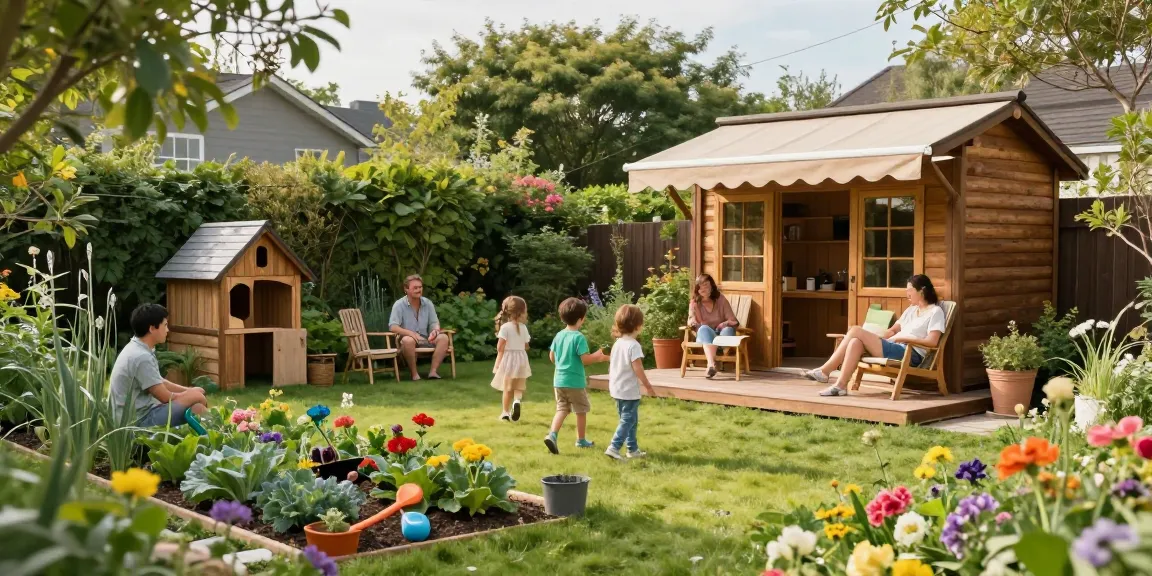 Schönes Gartenhaus Holz in einer einladenden Gartenszene mit grünen Pflanzen und bunten Blumen.