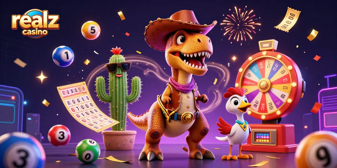 Experience the thrill at Realz Casino with colorful lottery elements and vibrant characters.