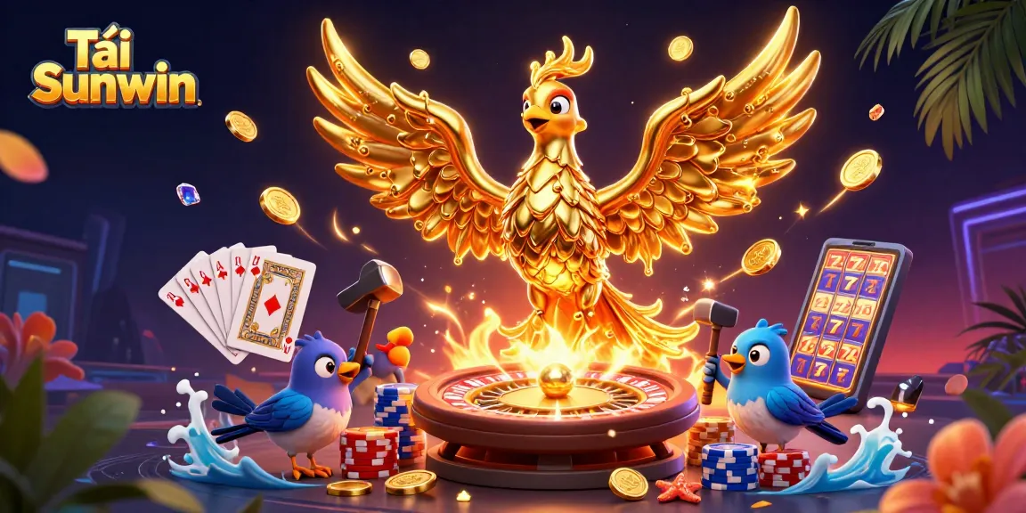 Tải Sunwin as a dynamic golden phoenix emerges, surrounded by casino elements like coins, cards, and roulette.