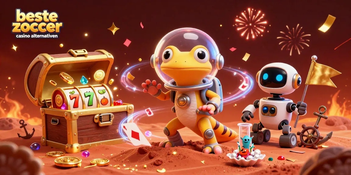 Beste Zoccer Casino Alternativen: 3D-gezeichneter Mars-Gecko entdeckt majestätisches Casino, umgeben von Goldschätzen.