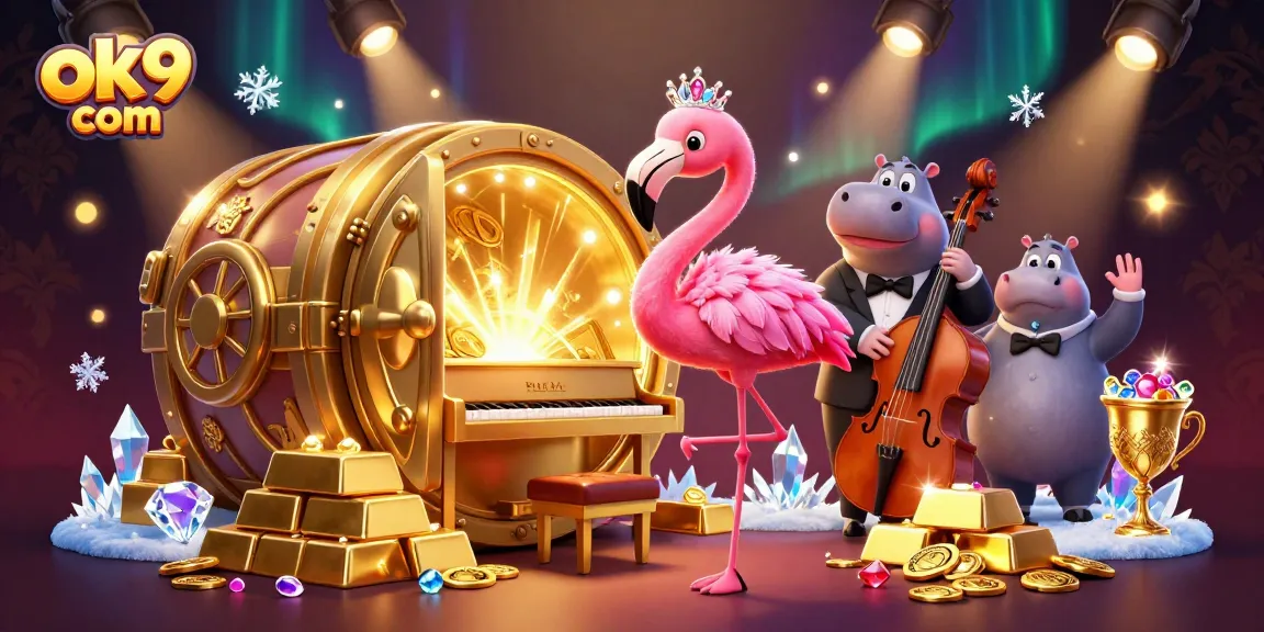 Experience thrilling gameplay at ok9 com with a vibrant casino scene featuring a flamingo singer and hippo bassist.